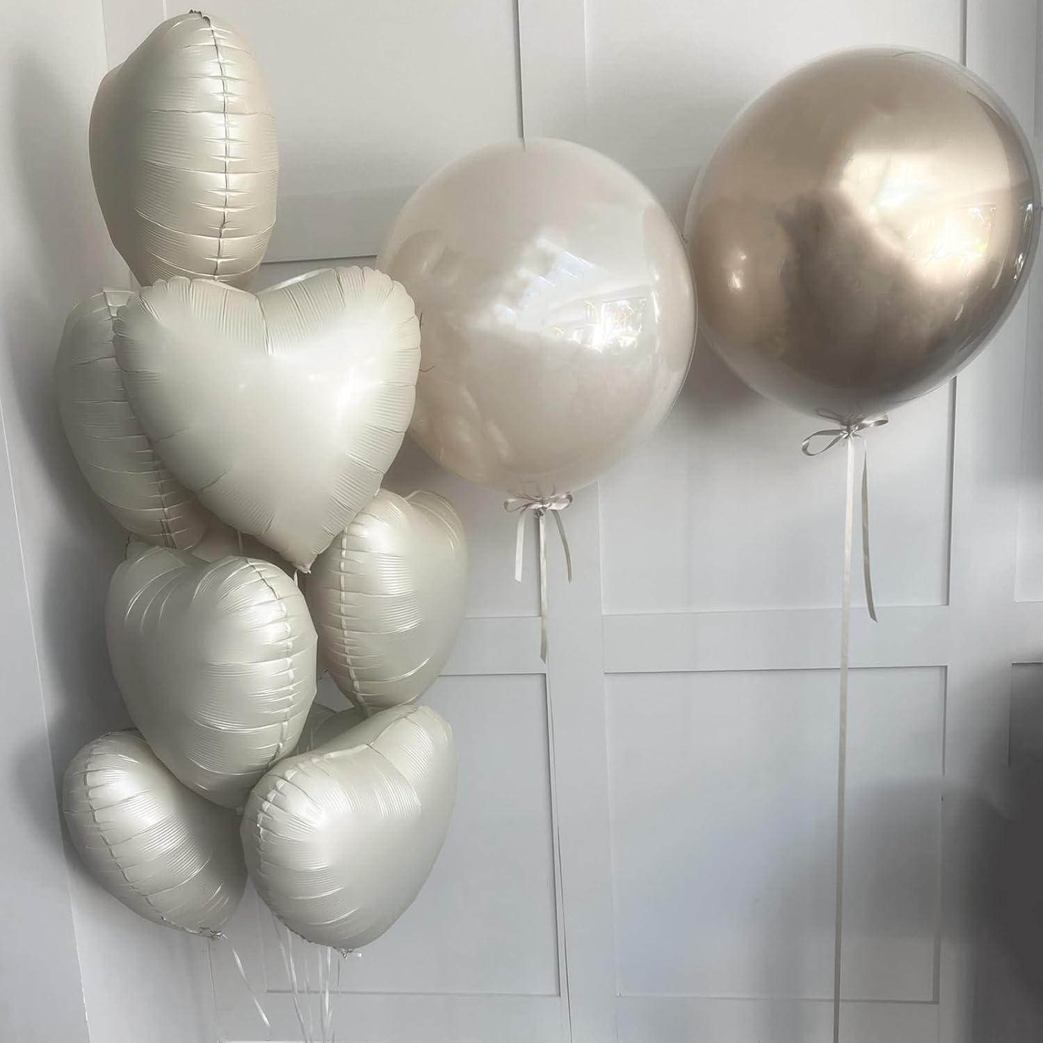 Light green cream colored heart-shaped aluminum foil balloons, 12 heart-shaped balloons with 2 accessories, suitable for jungle adventure parties, birthdays, graduation ceremonies, garden weddings, baby shower party decorations