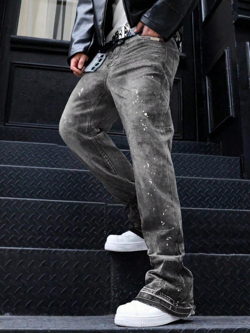 Men's High-End Casual Loose Fit Jeans, All Seasons Button Fly Zipper Micro Flare Pants, Plain Washed Denim Bottoms