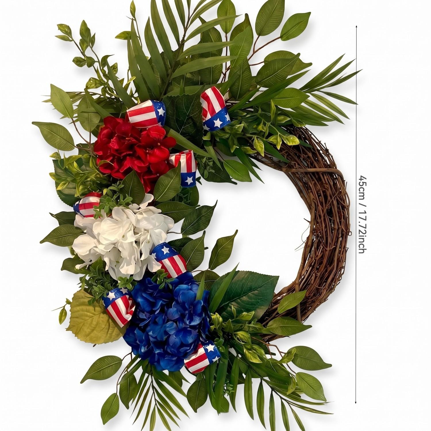 Patriotic Theme Artificial Hydrangea Woven Garland, Blue Hydrangeas with American Flag Design, Rural Cottage Style, Outdoor Decor