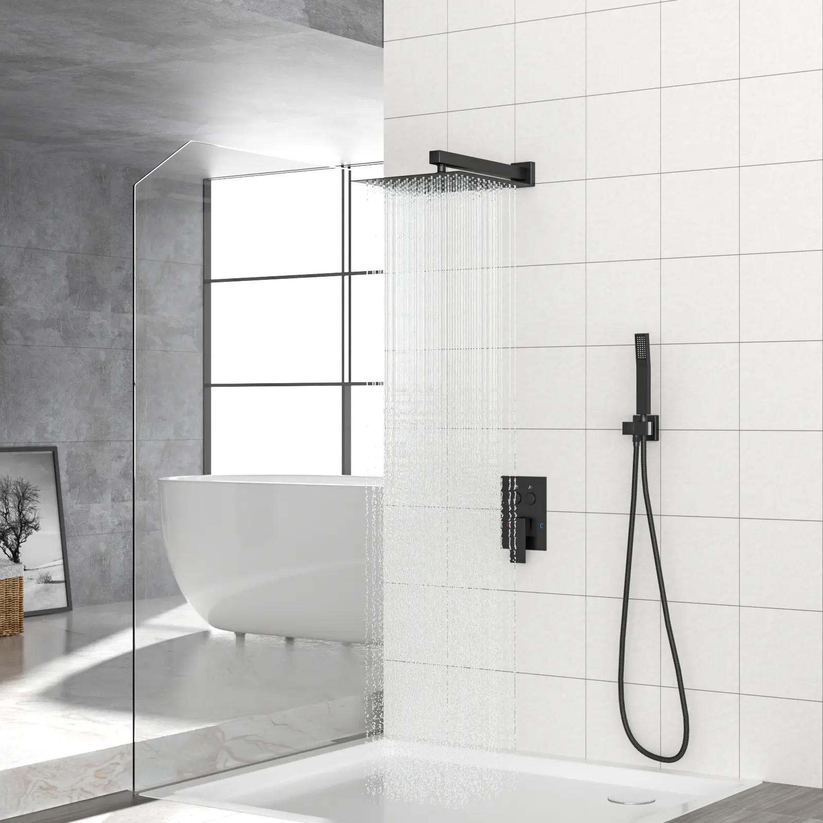 Nokaa 12 Inch Square Dual Shower Head Wall Mounted Shower System with Rough-in Valve, Matte Black Finish, Fixed Rainfall and Handheld Combo, Modern Bathroom Fixture for Master Bath or Remodel