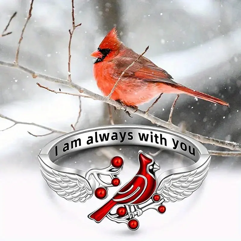 Red Cardinal Ring with Silver-Tone Wings & Red Berry Details| "I Am Always With You" Memorial Keepsake