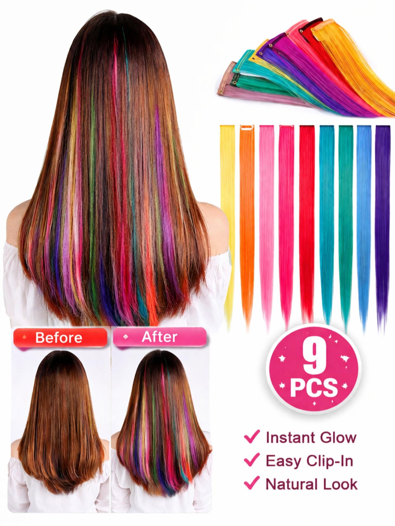 Rainbow Clip-In Hair Extensions, Colorful Hair Streaks for Girls & Teens, Instant Highlight Hair Pieces for School, Parties & Dress Up