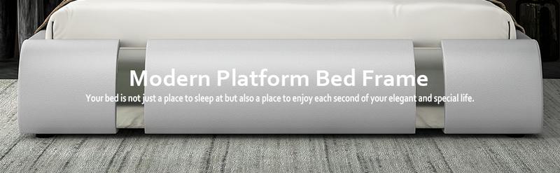 Allewie Queen/king Size Platform Bed Frame with Iron Piece Decor, 【Frame Only No Mattress】Faux Leather Upholstered Bed with Curved Adjustable Headboard, Wooden Slats Support, No Box Spring Needed, Modern Style, White/Black,#TikTokShopBacktoSchool