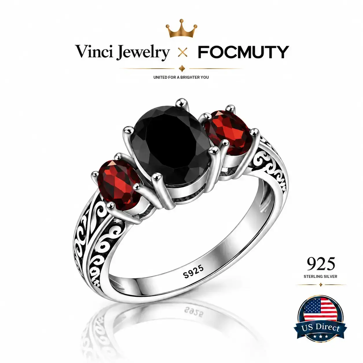 FOCMUTY S925 Sterling Silver 2.73 Cttw Black Onyx and Red Garnet 3 Stone Ring For Women, Vintage Artificial Gemstone Jewelry, Crystal Synthetic Obsidian Ring Wedding Engagement Anniversary Promise Ring For Women, Statement Ring Gift