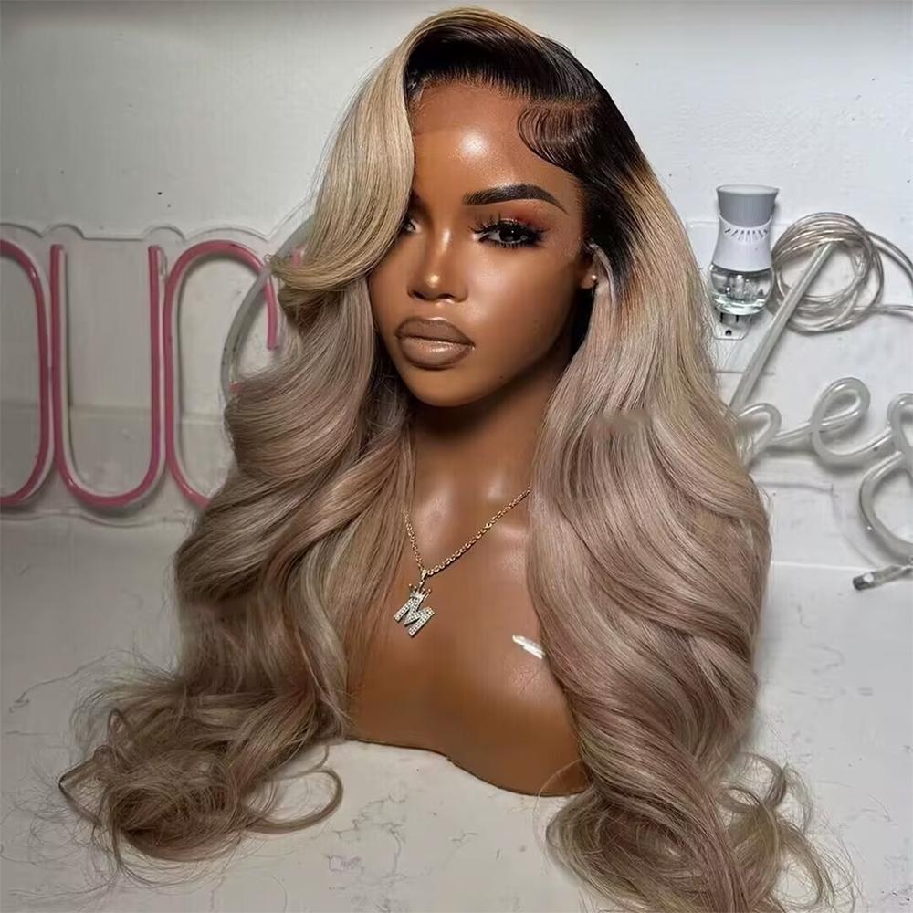 Milk Tea Ombre Ash Blonde Lace Front Wig Human Hair Upgrades 13x6 Body Wave Lace Front Wig for Women HD Invisible Frontal Wig For Women Brown Root Ombre Human Hair Wig SpringStatements
