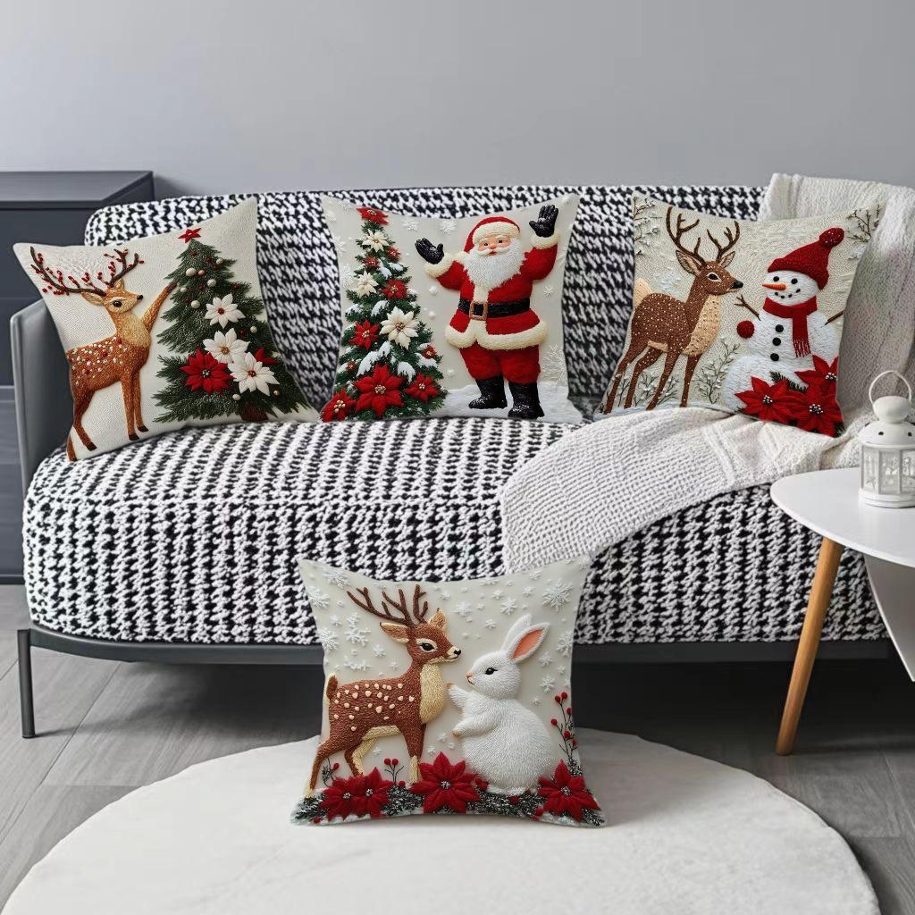 Christmas Decorative Pillowcase, Santa and Reindeer Print, Flat Design, No Embroidery, for Sofa, Bed, Home Décor, Christmas Gift