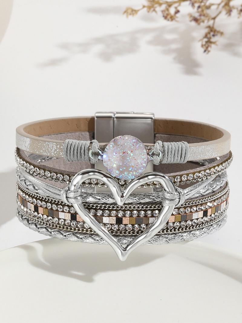 Boho Style Heart Design Multi-layer Pu Leather Braided Bracelet, Elegant Fashion Accessories for Women & Girls, Trendy All-match & Exquisite Jewelry for Birthday Gift, Fashionable Bracelet