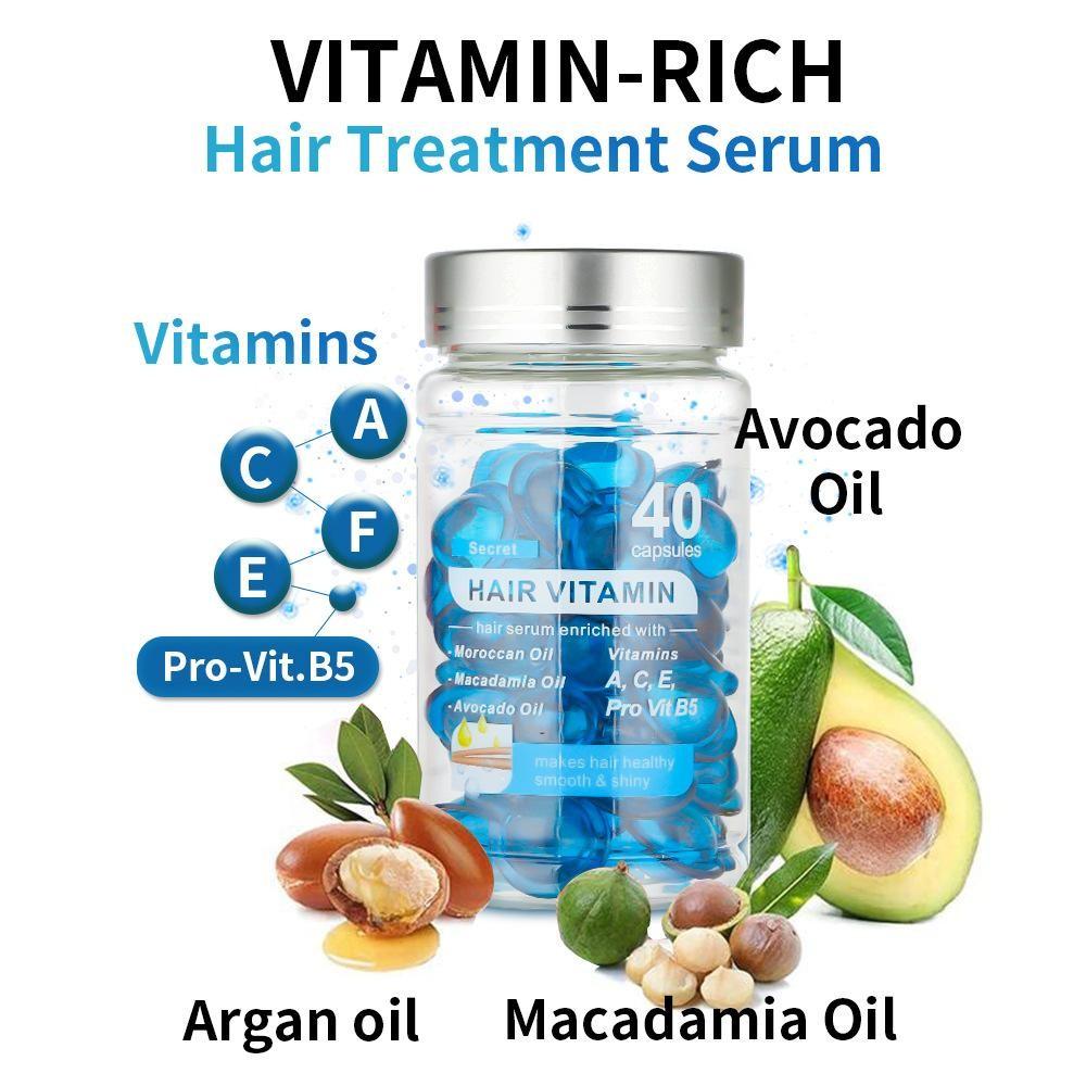 Hair Vitamin Essence Capsules, Haircare Serum, Leave-In Hair Repair Treatment Serum with Moroccan Argan and Avocado Oil plus Vitamins A, C, E and Pro B5, Nourishing Hair, Helps Strengthen and Nourish Hair for Men and Women