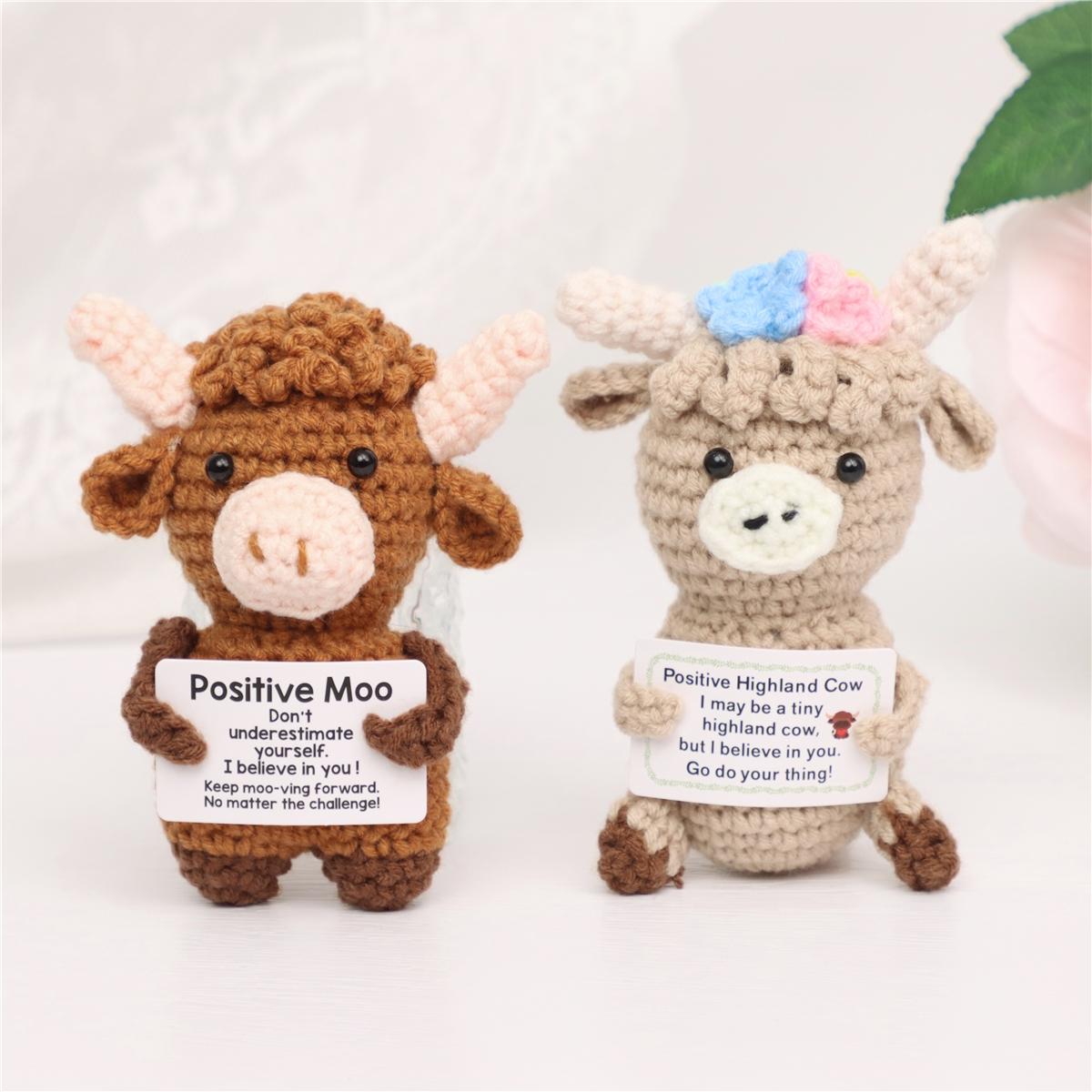 Highland Cow Crochet Emotion Support Doll, Handmade Crochet Figure, Positive Message Motivational Stress Relief Hug Card Series, Cute Animal Home Desktop Decoration