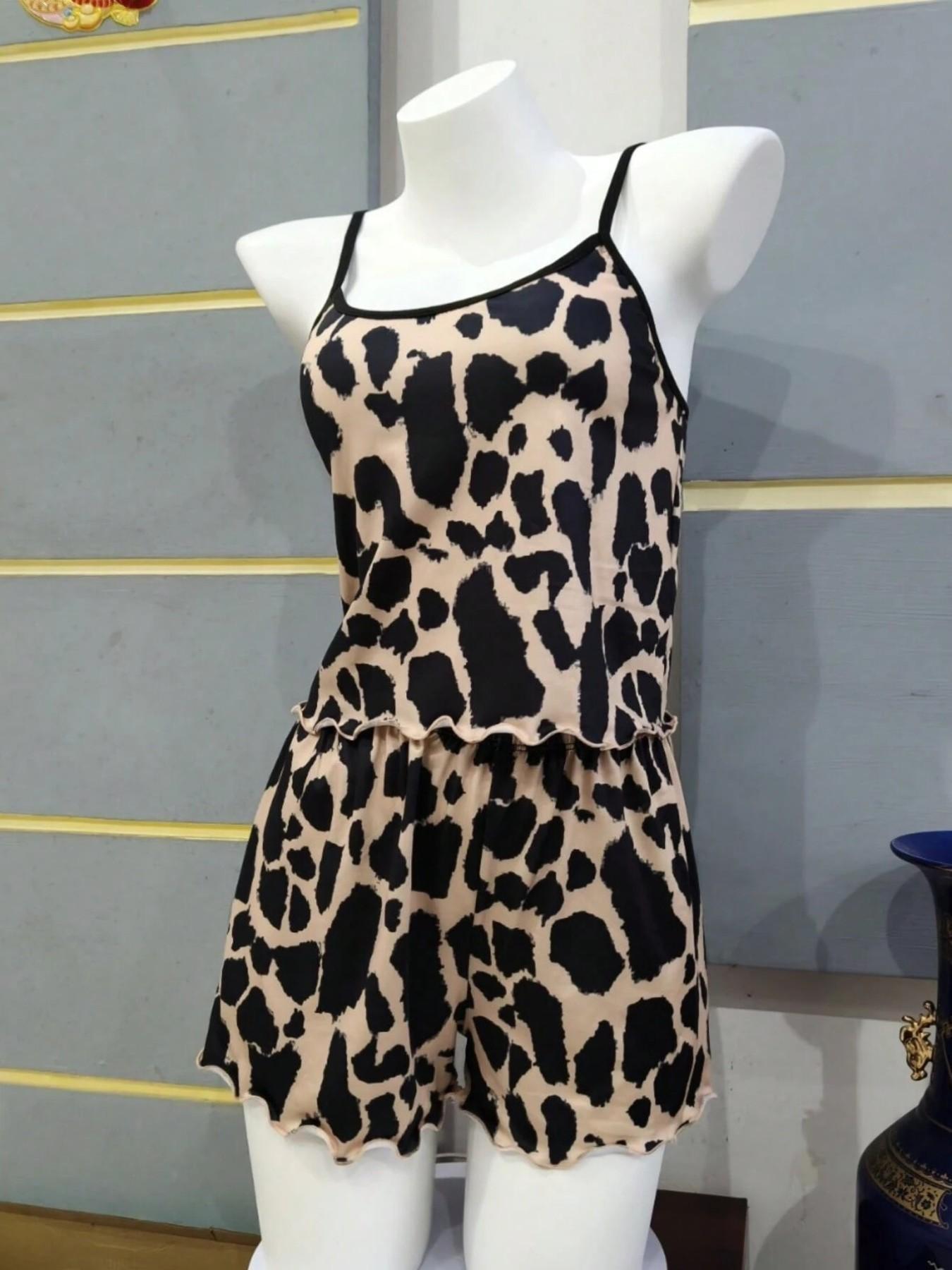 Summer Strapless Leopard Print Fashion Sleeveless Set, Elastic Waist Design, Slimming Effect, Casual Wear, Two-Piece