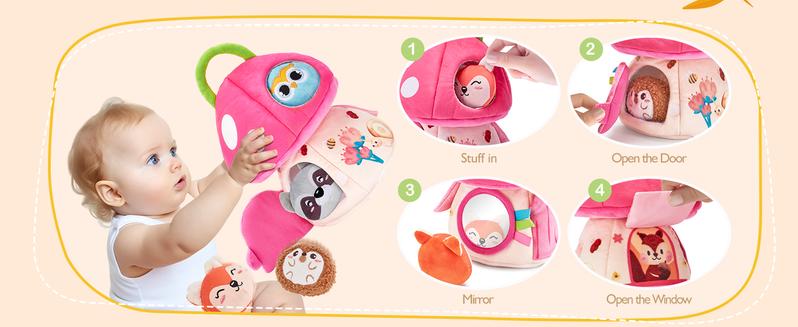 hahaland My First Mushroom House with Stuffed Jungle Animals, Rattle, Crinkle Paper, Mirror - Sensory Montessori Developmental Toys for Toddlers 1 Year Old Girl Gifts Stuffers Playpen Newborn Cute Baby Toy