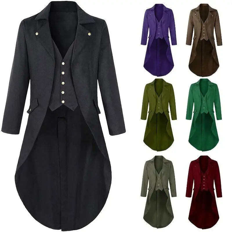 Men Retro Tailcoat Suit Jacket Halloween Costumes Long Jacket Victorian Frock Coat Cosplay Male Single Breasted Swallow Uniform