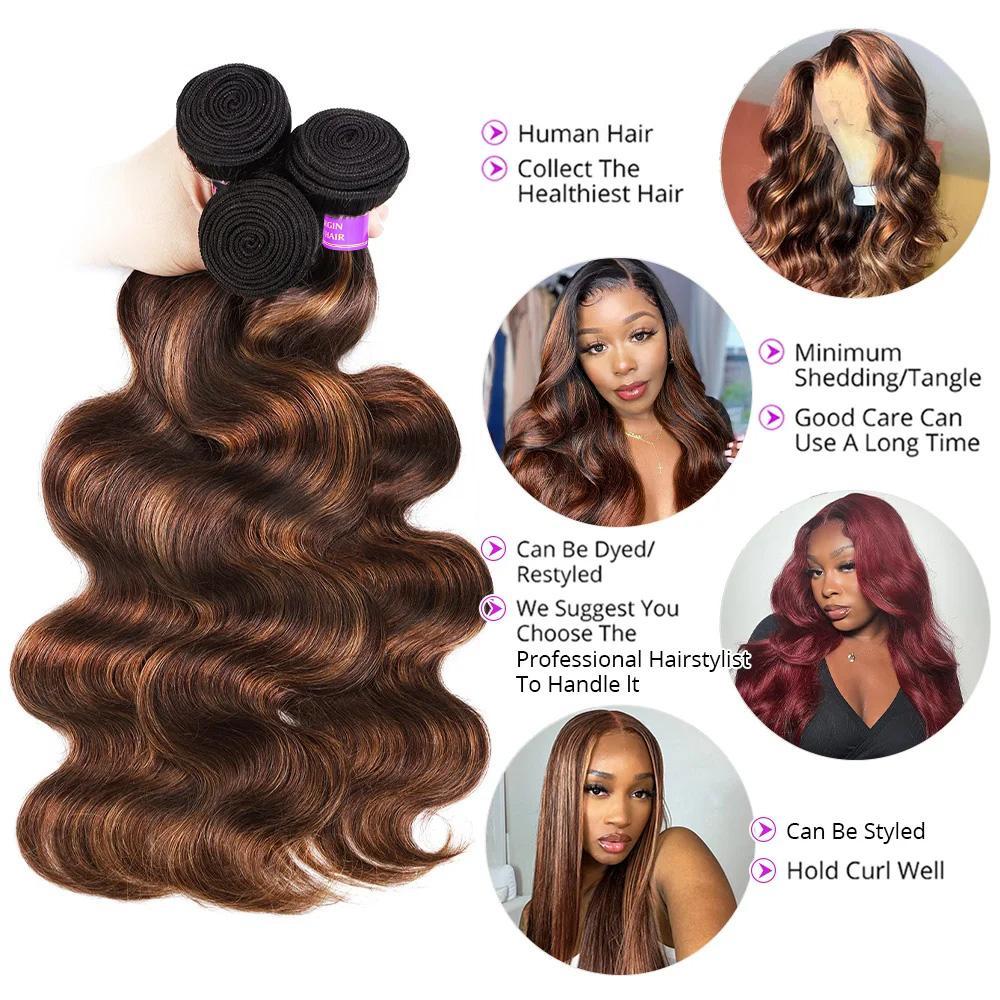 FB 30 Brown Highlight Body Wave Bundles Ombre Colored Human Hair Bundles 1 3 4 Bundles Piano Color Remy Human Hair Weave