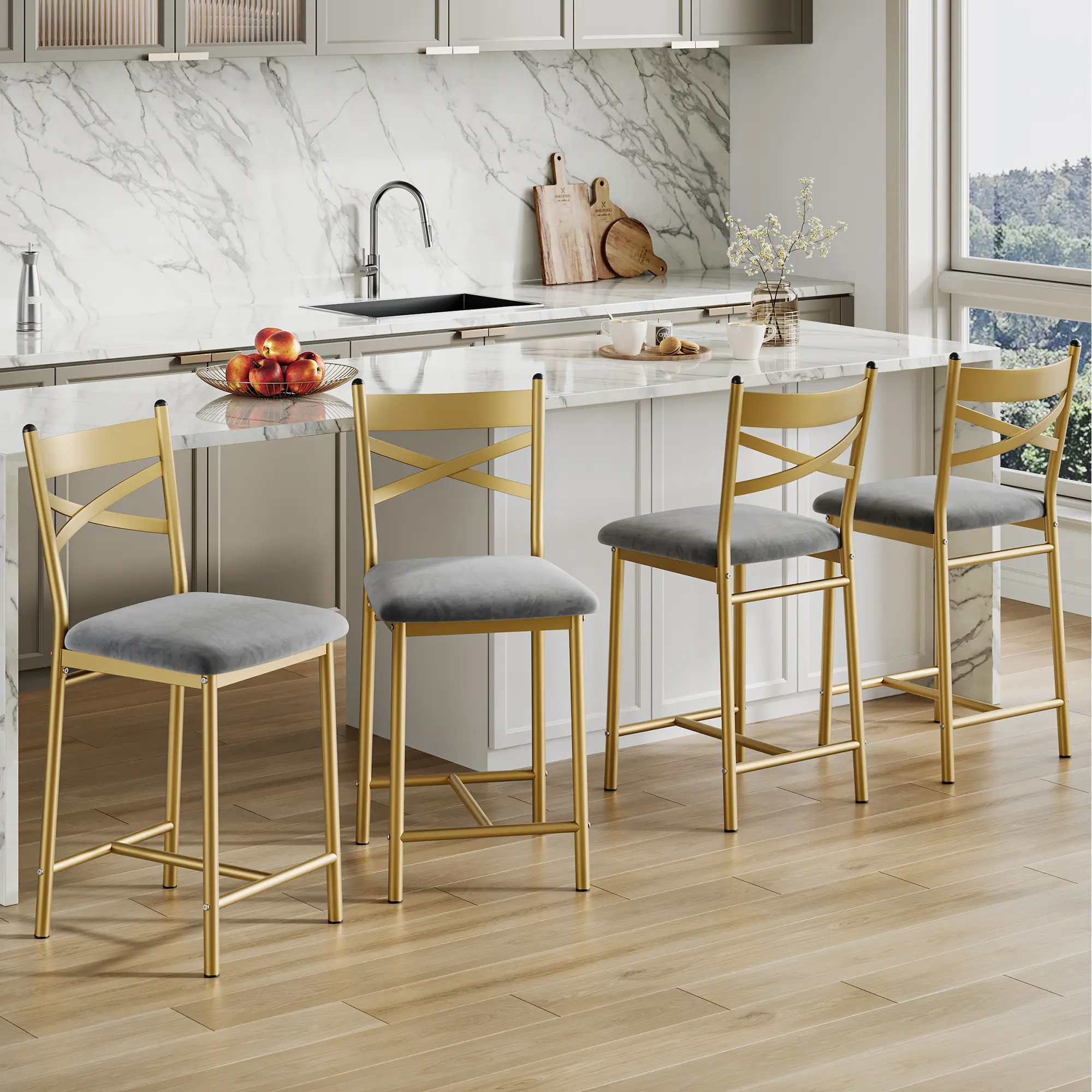 Bar Stools Set of 2/4, Modern Counter Height Barstool With High Back and Metal Footrest, Upholstered Large Seat Island Stools Bar Chairs for Dining Room Kitchen Bar