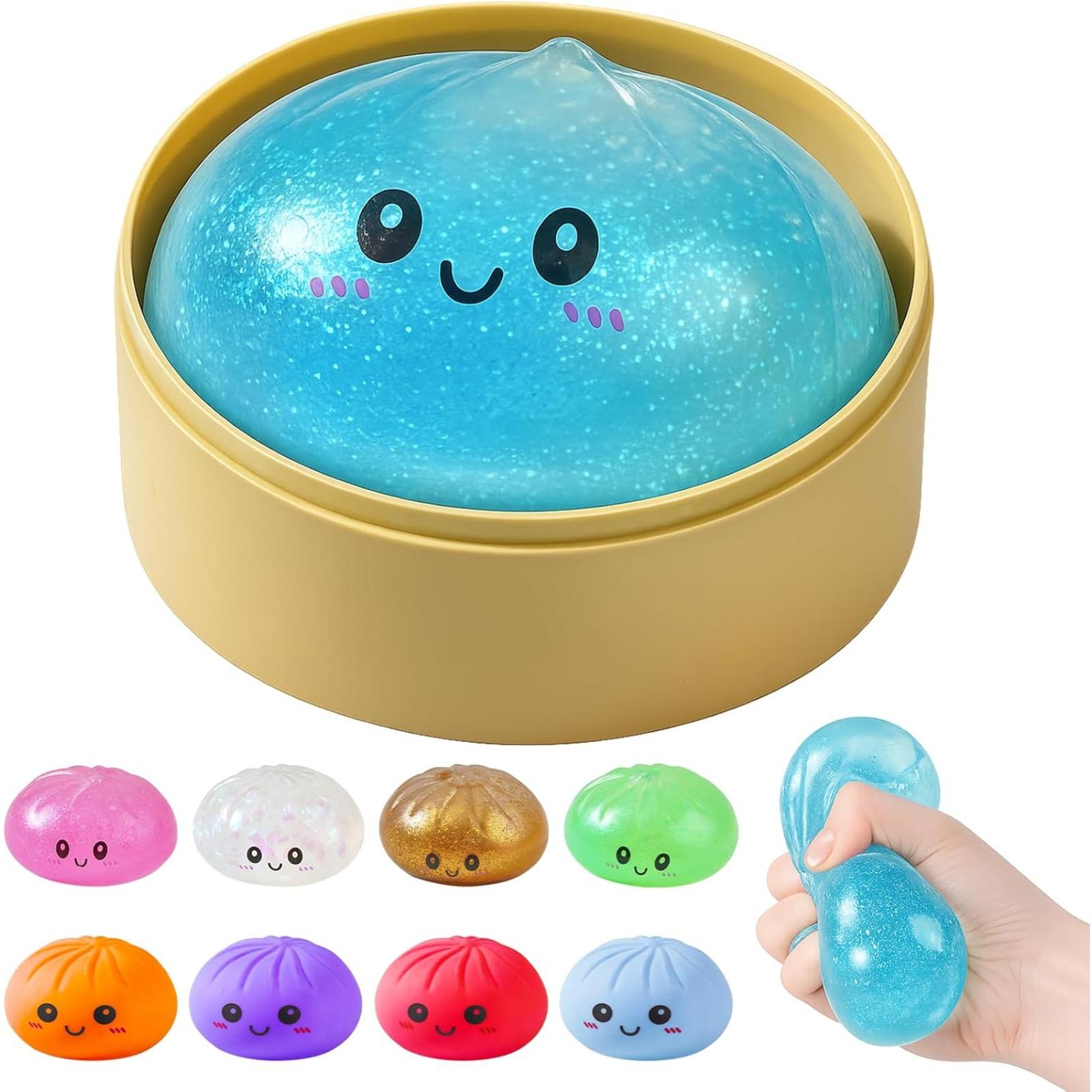 Dumpling Squishies, Glitter Dumpling Mystery Box, Colorful Dumplings Stress Balls Fidget Sensory Toy, Stocking Stuffers with Food Steamer Stretchy Desk Toys (Blue)
