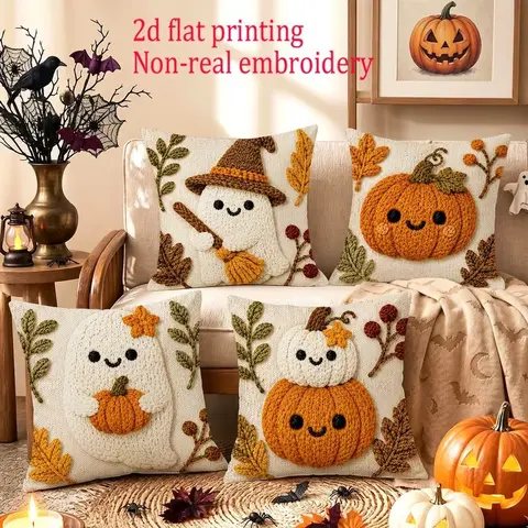 2D Polyester Pillow Covers - Cute Pumpkin Ghost Designs, Halloween Decorations for Bedroom Sofa, Festive Look Spooky Fun Home Decor Accessories (Cover Only)