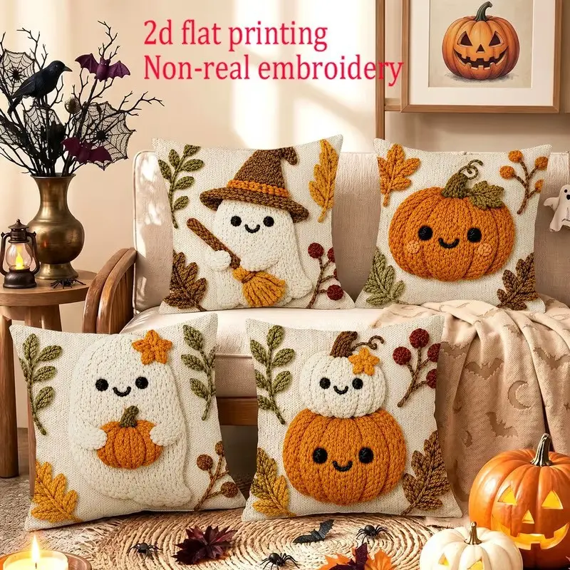 2D Polyester Pillow Covers - Cute Pumpkin Ghost Designs, Halloween Decorations for Bedroom Sofa, Festive Look Spooky Fun Home Decor Accessories (Cover Only)