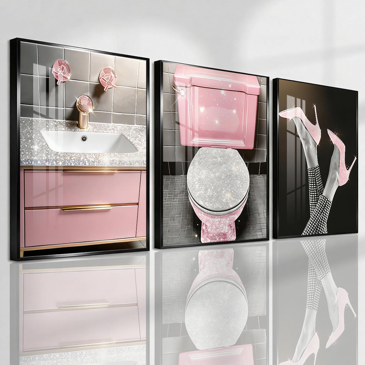 3 Counts Aluminum Alloy Framed Painting, Pink Glam Bathroom And High Heels Art Pictures, Home Decoration For Living Room, Bedroom, Office, Restaurant, Hallway Wall Decor, Odorless Print Artwork, Luxury Perfect Gift For Friends And Family