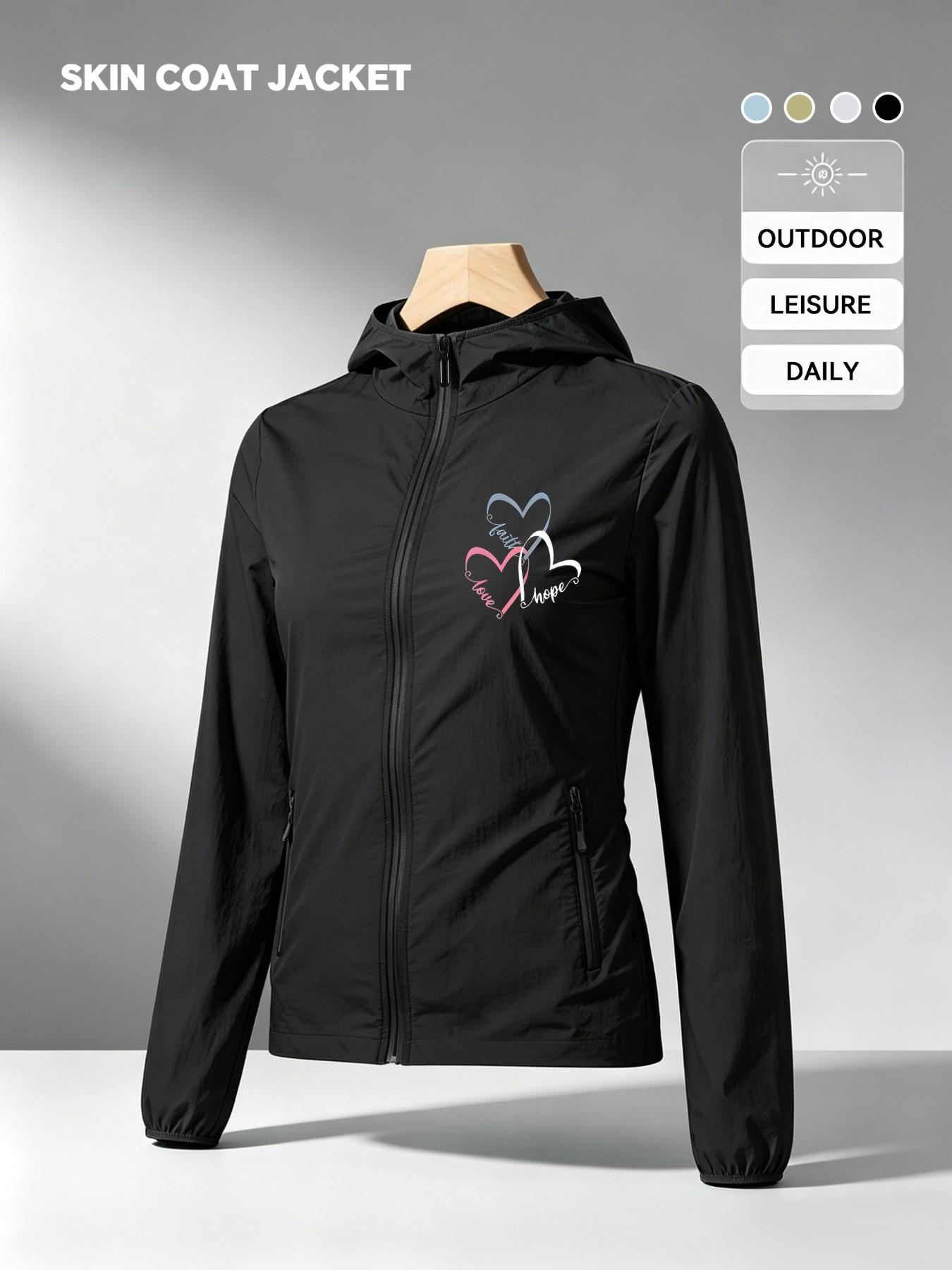 Faith Hope Love Three Color Hearts Print Women Summer Hooded Zip Up Skin Coat Jacket Four Colors Optional Soft Skin Friendly Breathable Lightweight Loose Casual Versatile Outdoor Commuting Essential