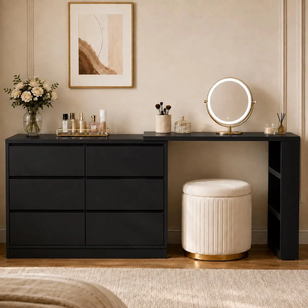 Garvee l Shaped Vanity Desk with 6 Drawers, Extendable Makeup Table
