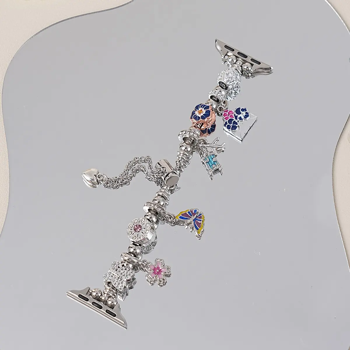 Women's Silver Color DIY Beaded Watch Band, Butterfly & Flower Design, Smart Watch Accessories, Compatible with Apple Watch Series 1-11, Ultra 1-3, Se, Gift Idea, Aesthetic