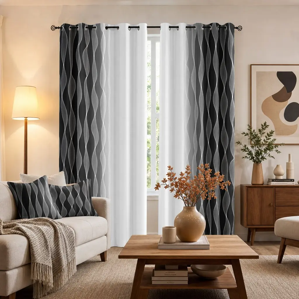 2-piece set of black and white gray gradient wavy line printed curtains, modern simple semi blackout curtains made of polyester material, living room, bedroom, dining room, kitchen, light luxury geometric decoration curtains