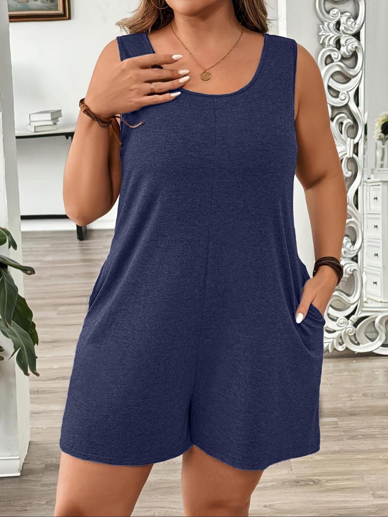 【Plus Size】 Solid Color Sleeveless Romper, Casual Comfy Romper for Summer, Women's Plus Clothing for Daily Wear