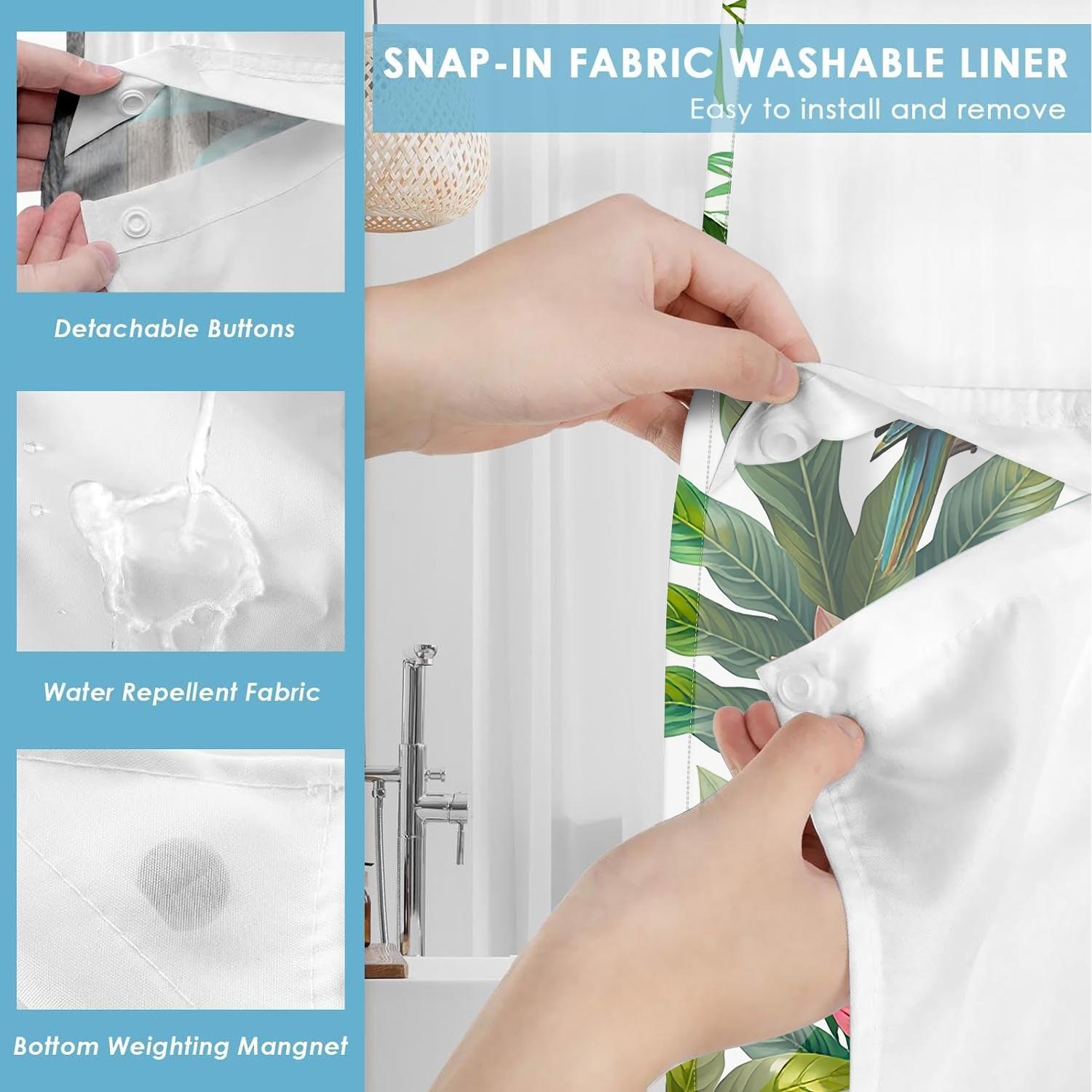 1PC double-layer large ring shower curtain, four parrots inhabit tropical plants, shower curtain, high-end quick drying hanging curtain, bathroom, curtain, waterproof, mildew proof curtain