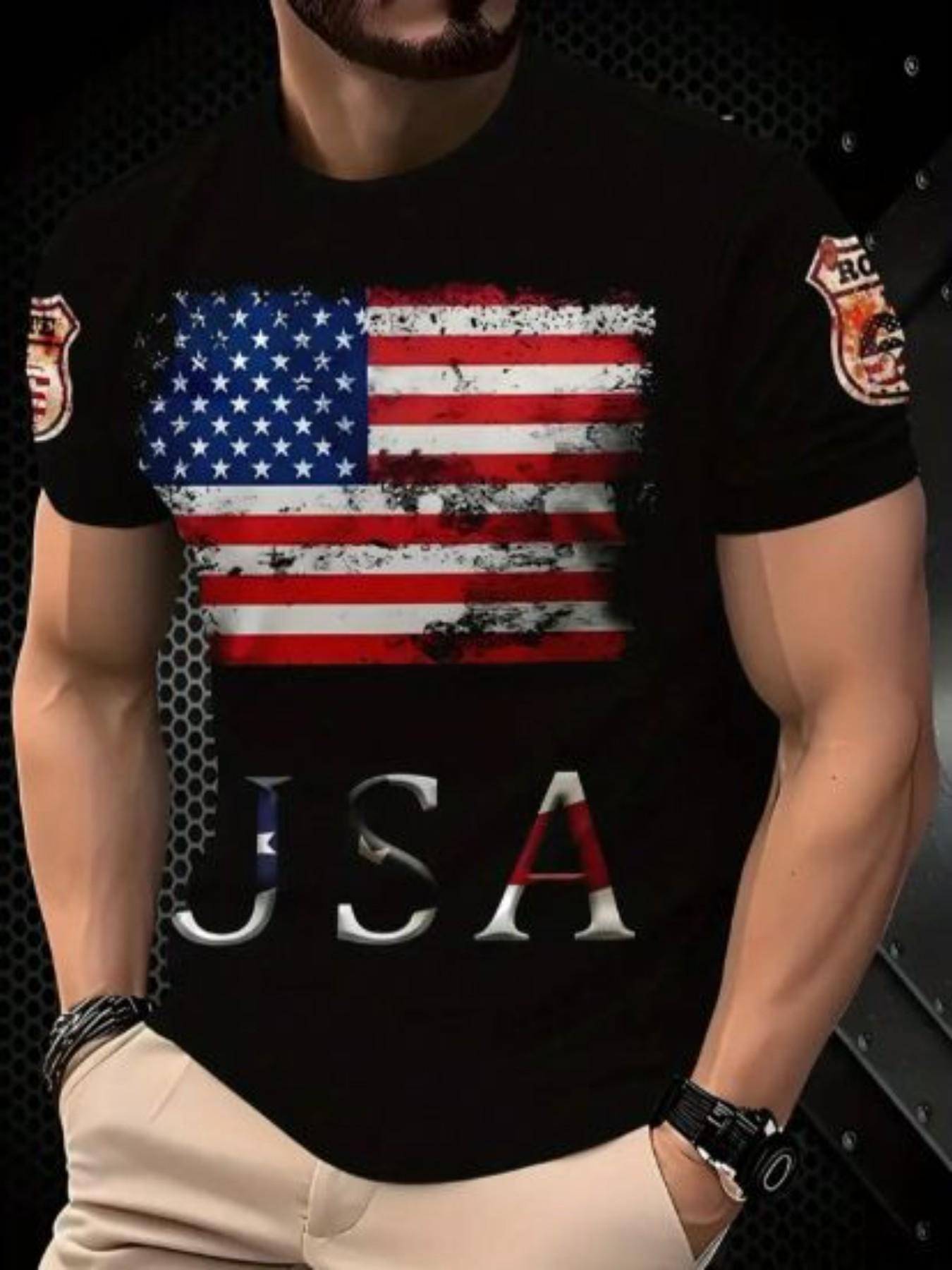 Men's Usa Flag Print T-Shirt, Casual Top, Patriotic Eagle and Flag Badge, Sporty Slim-Fit Design