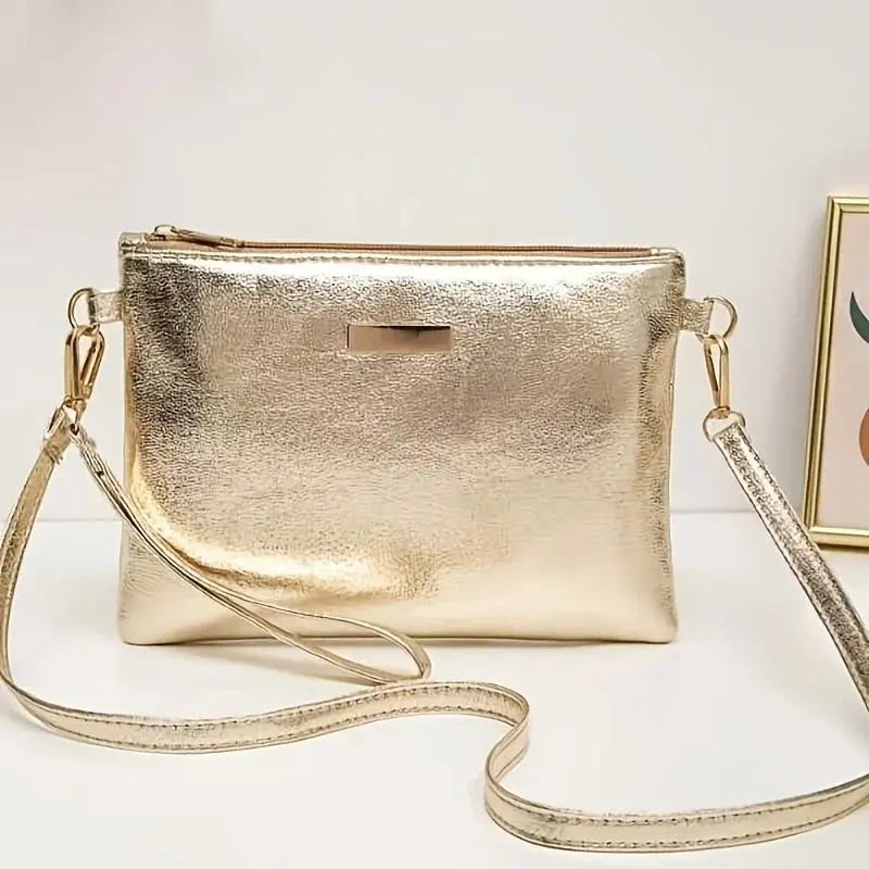 Elegant Gold Shiny Shoulder Bag, Adjustable Shoulder Strap Zipper Closure, Fashionable Retro Casual Crossbody Bags
