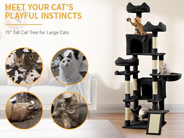 Yitahome Tall Cat Tree for Indoor Cats, 75 inches Multi-Level Cat Tower with Sisal Scratching Posts & Ramp, Plush Perches, Hammock, Spacious Condos, Cat Activity Center for Kittens