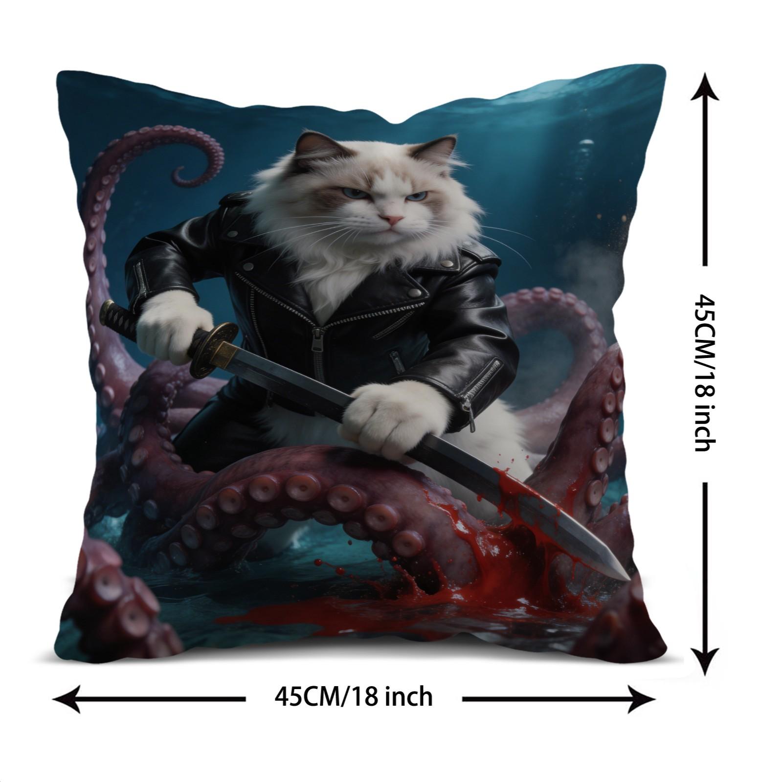 1 Pack Funny Animal Throw Pillow Set, HD Digital Print Samurai Cat / Pirate Garfield / Rocket Raccoon Accent Cushion, Non-Fade Decorative Pillow for Couch & Bed, Cool Gift for Pet Lovers, 18×18 Inch Home Decor