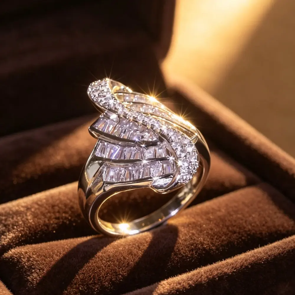 Twisted Baguette Cut Statement Ring For Women, Layered Sparkling Cocktail Ring, Luxury Paved Fashion Jewelry For Party Wedding Anniversary Gift