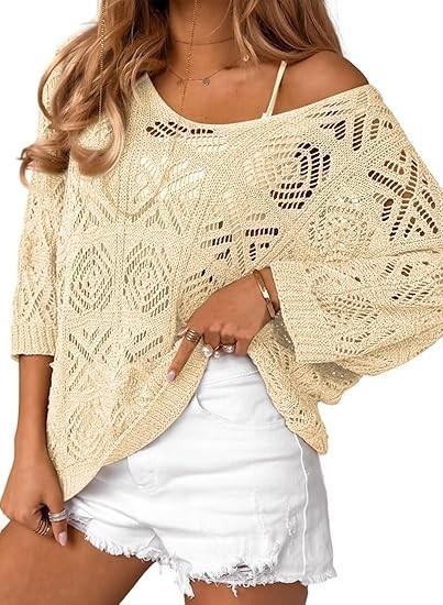 Women's Spring/Summer Crochet Hollow Out Three-Quarter Sleeve Pullover Sweater Batwing Sleeve Vacation Style Intellectual and Gentle Style