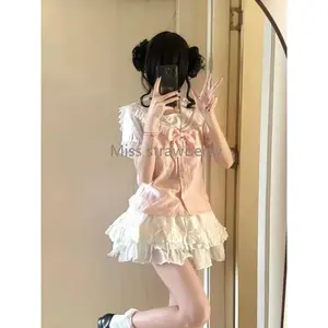 Summer Sweet Loose Preppy Style 2-piece Set Women Design Kawaii Bow Short Sleeve Pink Tops Elastic Waist Lace Lovely Short Skirt
