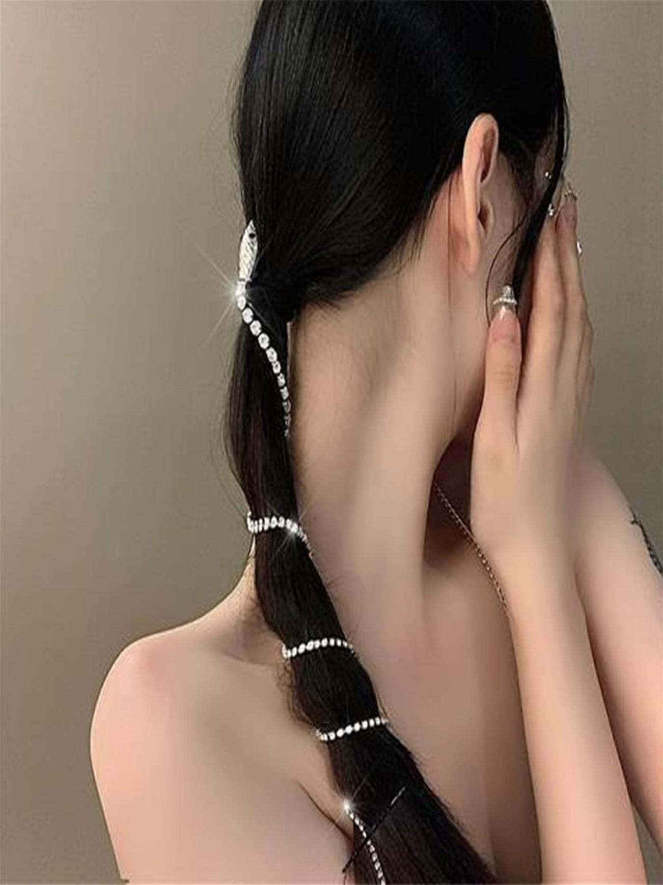 Niceneeded 2 Pcs Rhinestone Snake Hair Chain, Punk Crystal Tassel Hair Clip Chain, 50.8cm Long Rhinestone Decorative Hair Accessory for Women Halloween