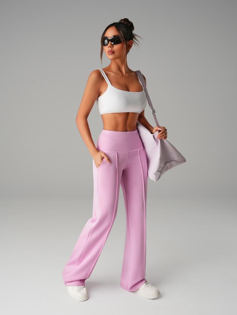 Women's Plain Loose Straight Leg Pants, Wide Leg High Waist Sportswear with Pockets, Comfortable Casual Daily Wear