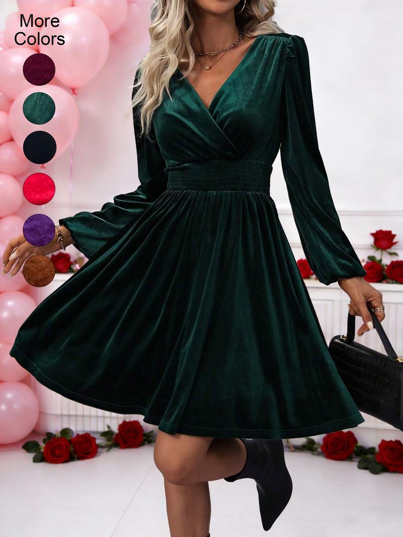 Velvet V Neck Long Sleeve Waist Cinching Solid Color Party Dress Skirt, Perfect for Spring & Fall Valentine's Day, Versatile Elegant Short Skirt