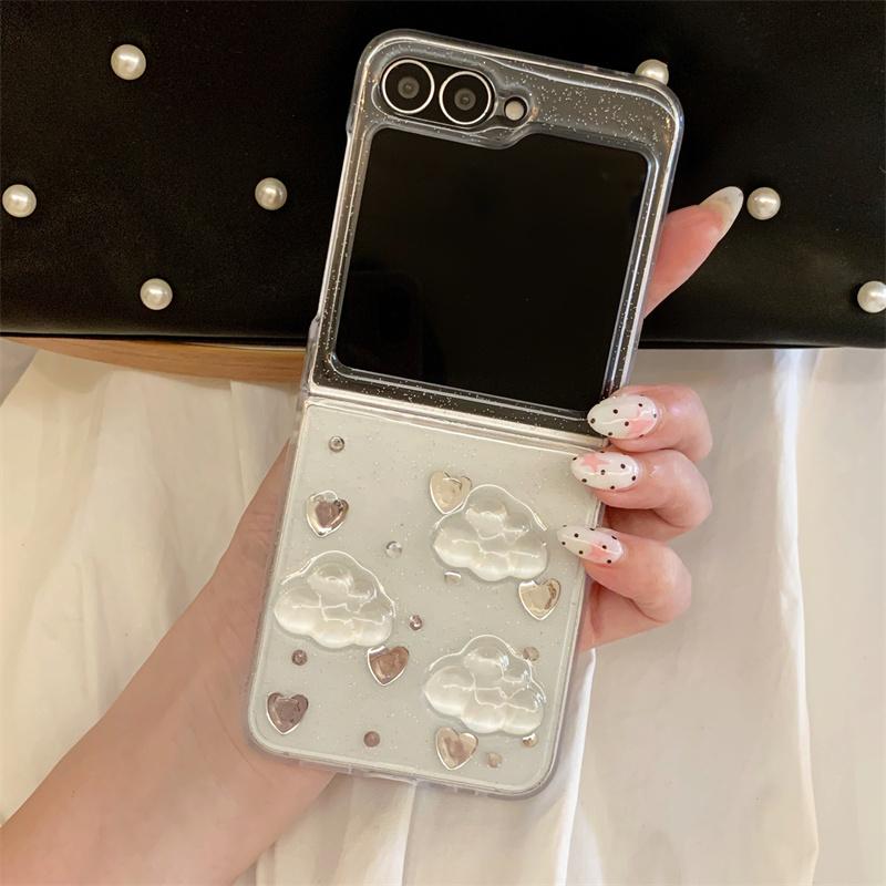 Fashion Glitter Love Cloud Resin Phone Case For Samsung Galaxy Z Flip 7 6 5 4 Flip7 Flip6 Cover with Chain Hand Rope Cute Cases