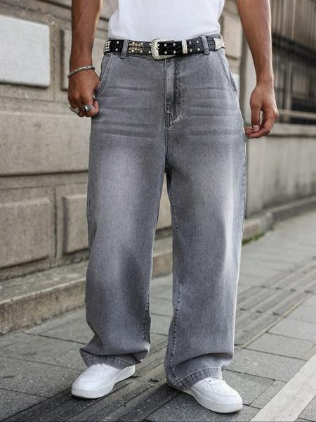 Men's New Street Style Loose-Fit Jeans, Washed Vintage Casual Straight Leg Pants, Trendy Long Denim Trousers for Everyday Wear Denim Streetwear