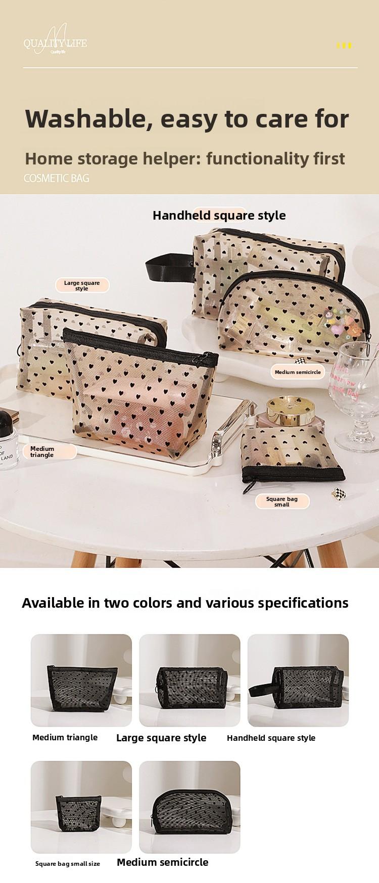 Mesh Makeup Bag Set, Heart Print Cosmetic Bag, Portable Travel Toiletry Bag for Women, Cute Makeup Organizer Pouch