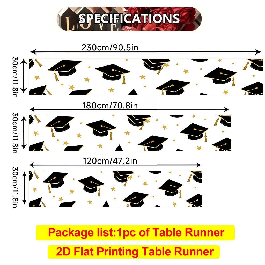 2D Table Runner, Graduation Hat and Stars Polyester Tablecloth, Festival Party Table Cover, Home Decor, Dining Table Decoration, Gift