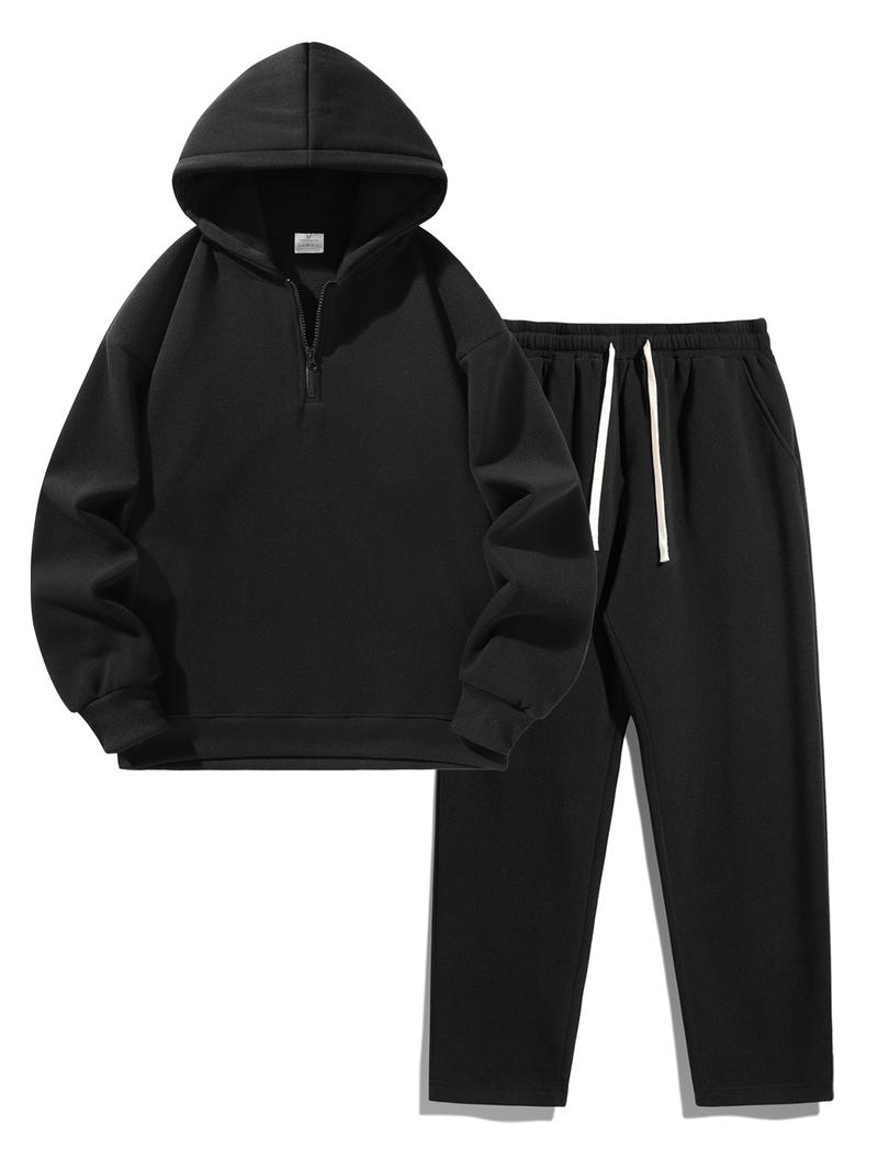 Men's Plain Two-piece Sweatsuit Set, Basic Regular Fit Casual Drop Shoulder Half Zip Hoodie & Pocket Drawstring Sweatpants, Men's Clothing