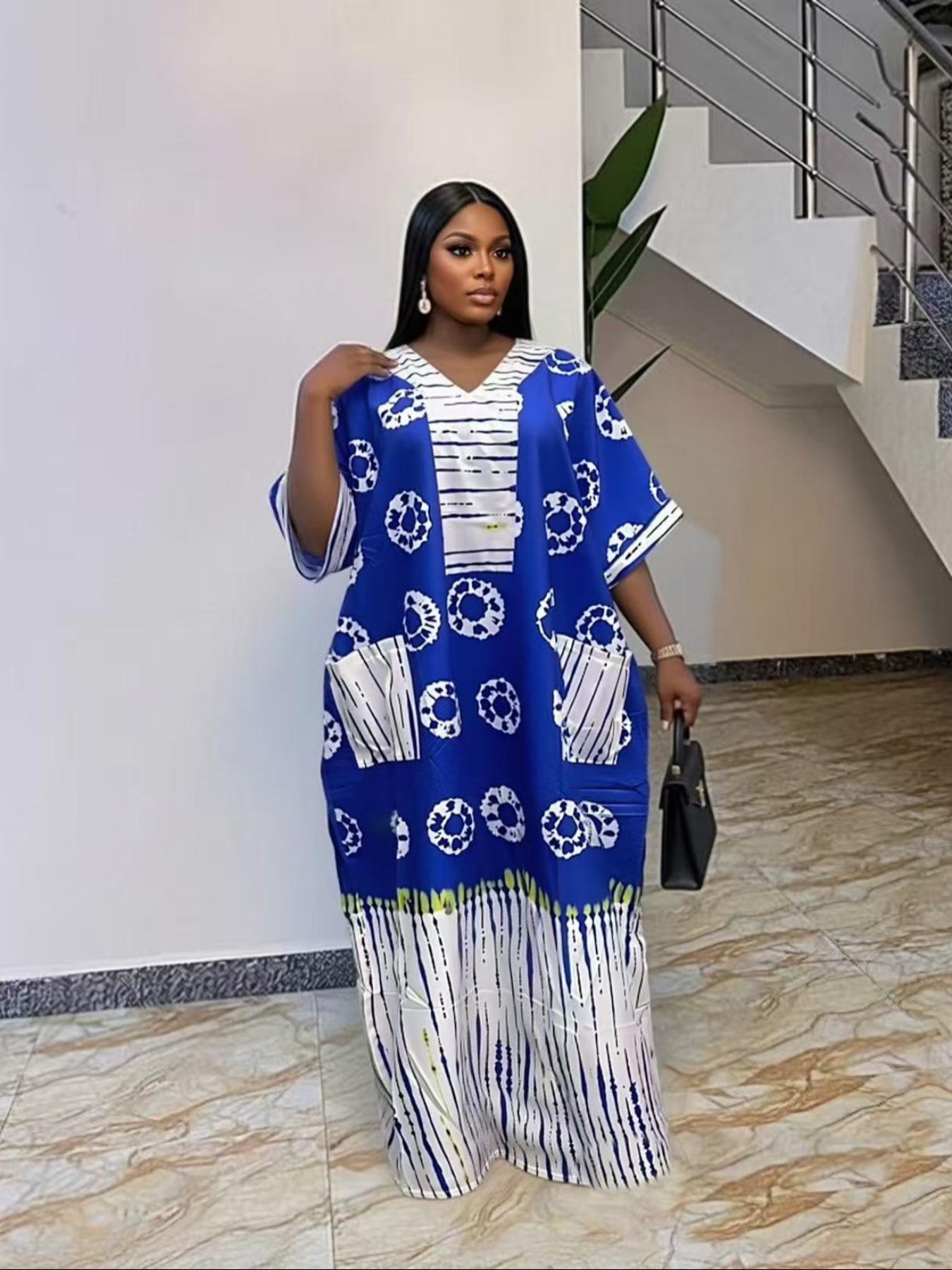 African Style Fashion Dress Summer Loose Plus Size Print Chest Patch Ethnic Boubou Kaftan Long Robe Daily Travel Party V Neck Short Sleeve with Pockets and Scarf Casual Wear