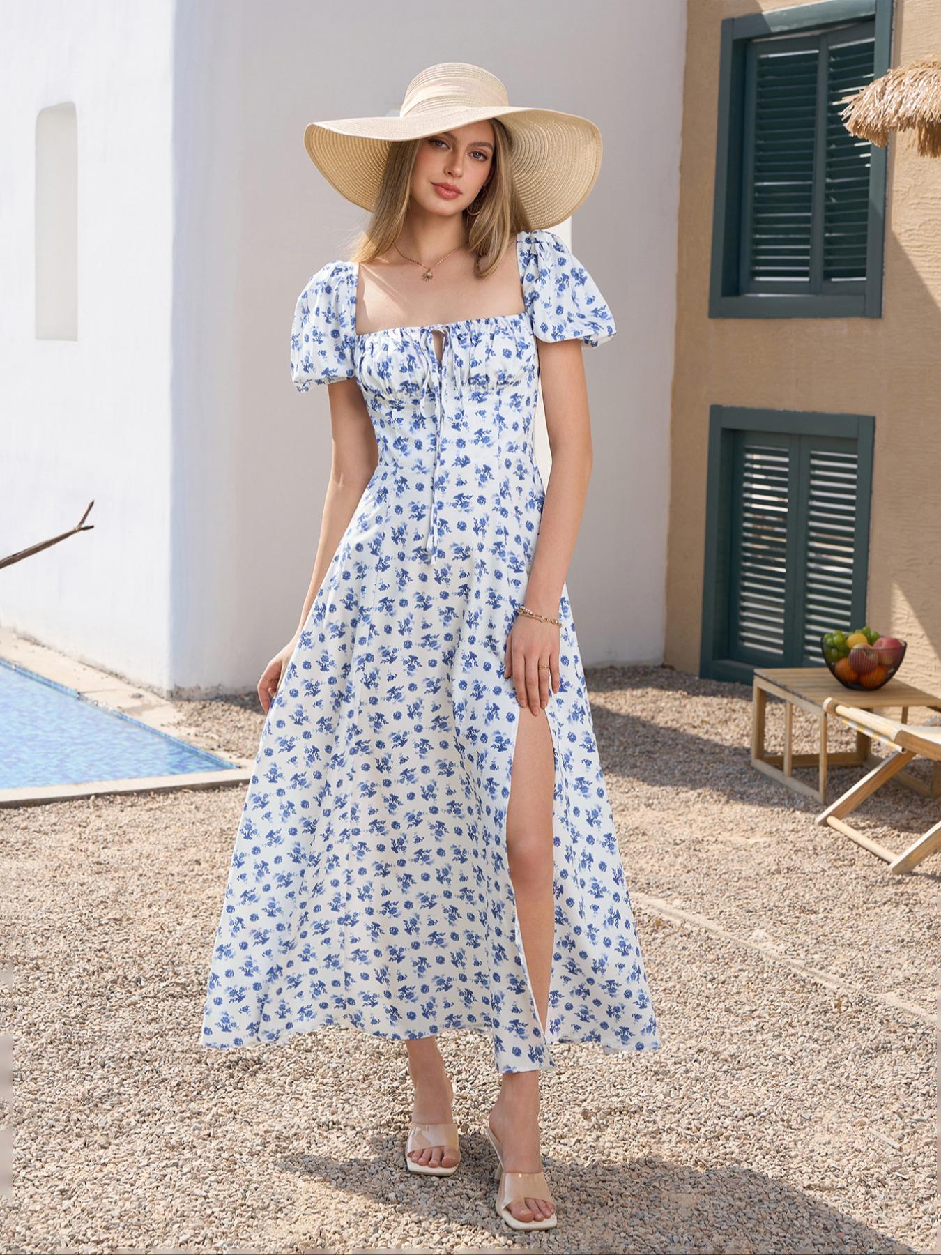 Women's Frenchy Style Ditsy Floral Print Puff Sleeve Tie Front Split Thigh A Line Dress, Milkmaid Dress, Dress for Summer, Short Sleeve Square Neck Long Dress for Beach Vacation Holiday, Summer Outfits, Ladies Summer Clothes