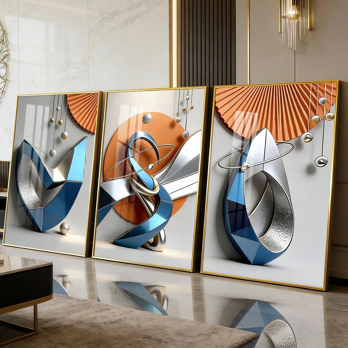 3 Counts Aluminum Alloy Framed Painting, Modern Geometric Abstract Metal Art Pictures, Home Decoration For Living Room, Bedroom, Office, Restaurant, Hallway Wall Decor, Odorless Print Artwork, Luxury Perfect Gift For Friends And Family