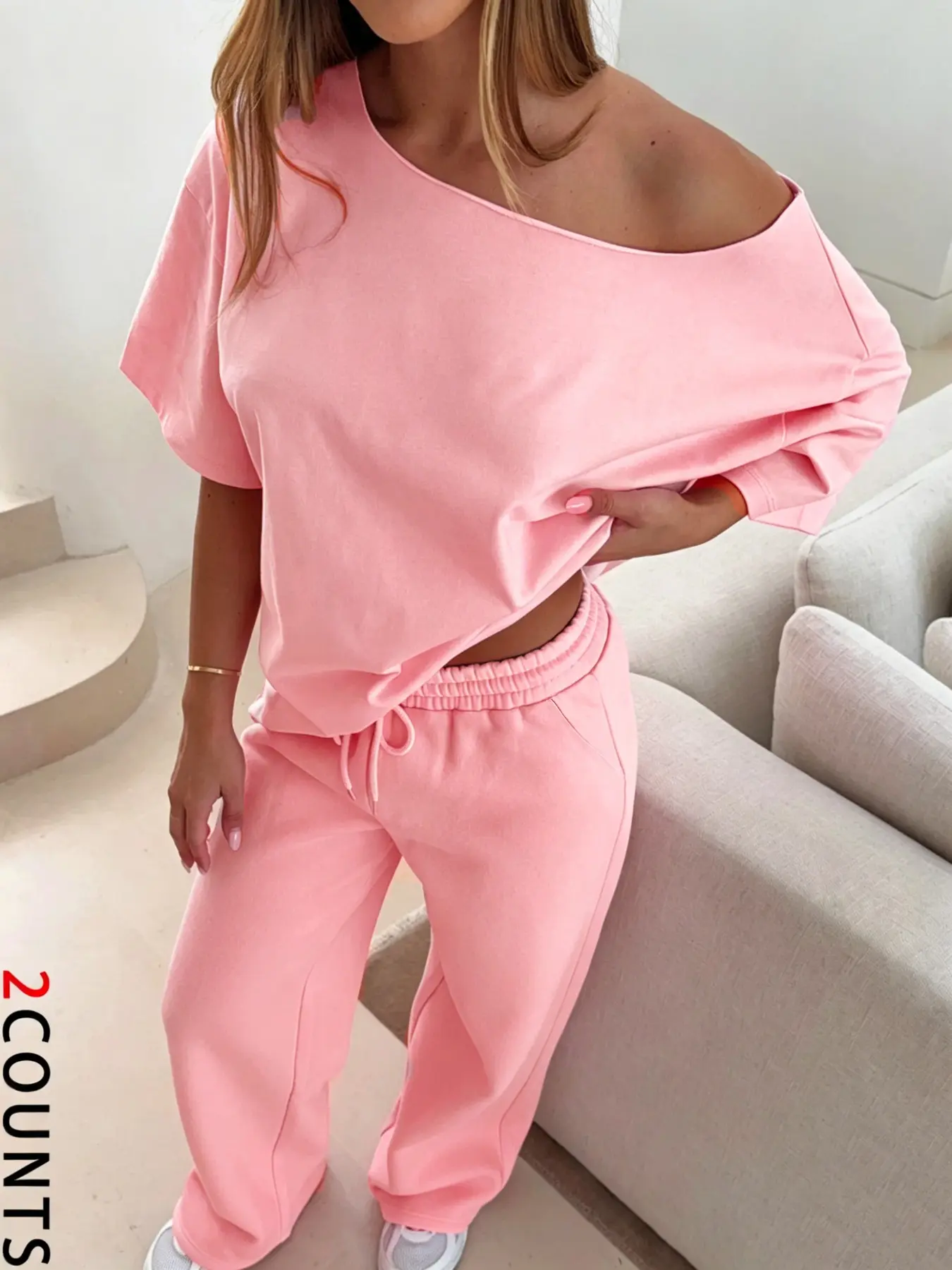 Women's 2-Piece Set Outfit, Casual Minimalist Oversize Loose-Fit Asymmetrical Top & Wide-Leg Pants, All-Season for Daily Wear, Outdoor Activities Clothes