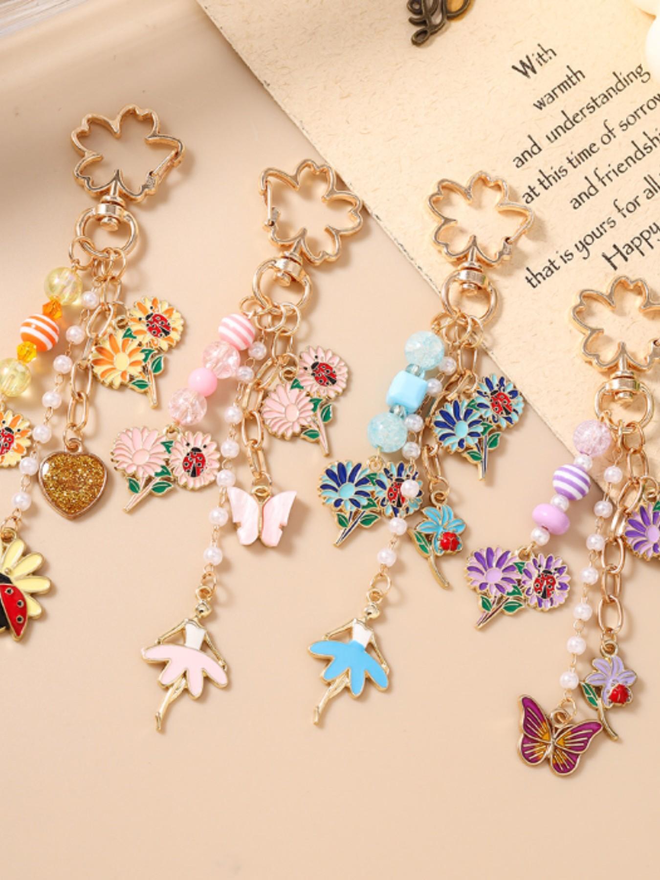 Enamel Floral Pattern Keychain, Butterfly Heart Daisy Pendant, Key Ring Decor, Car Backpack Handbag Accessory Gift