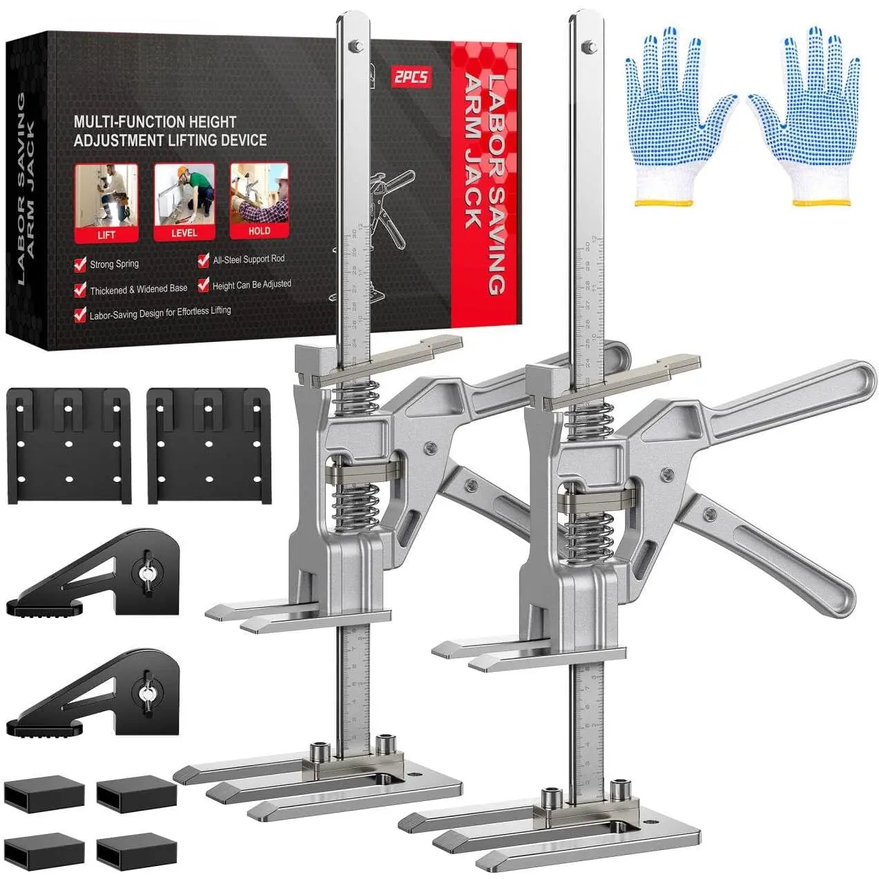 2-Pack Labor Saving Arm Jack, 10in Adjustable Solid Metal Lifter with Gloves, Heavy-Duty Support Tool for Baby Furniture, Drywall Installation & Decoration Construction
