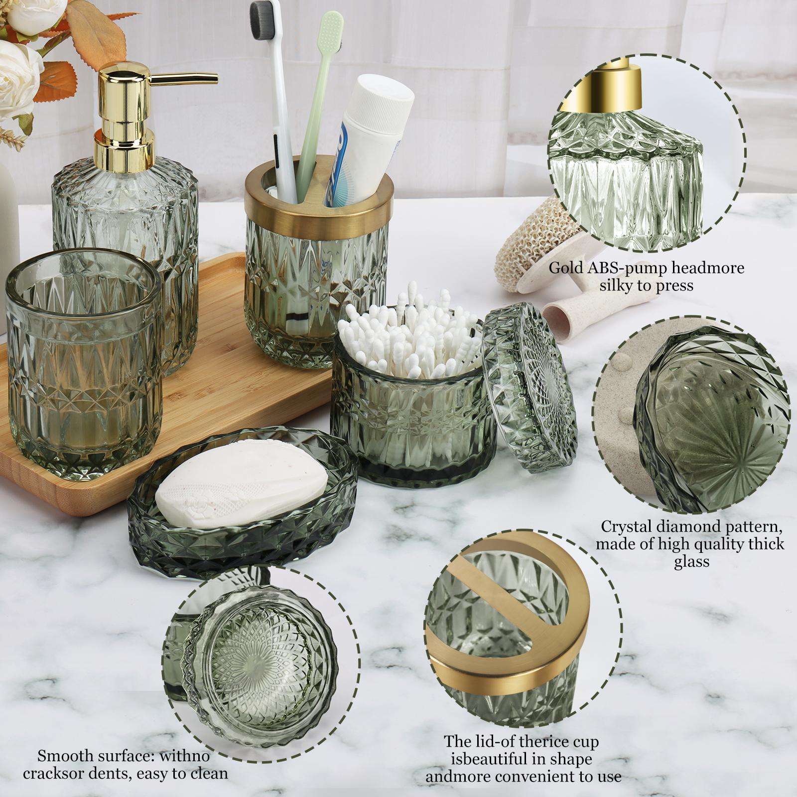 PLL Green Bathroom Accessories Set, 5Pcs Clear Glass Bathroom Accessories, Vanity Bathroom Decor, Hand Soap Dispenser, Soap Dish, Toothbrush Holder Set, Modern Countertop Organizer, Housewarming Gift Set